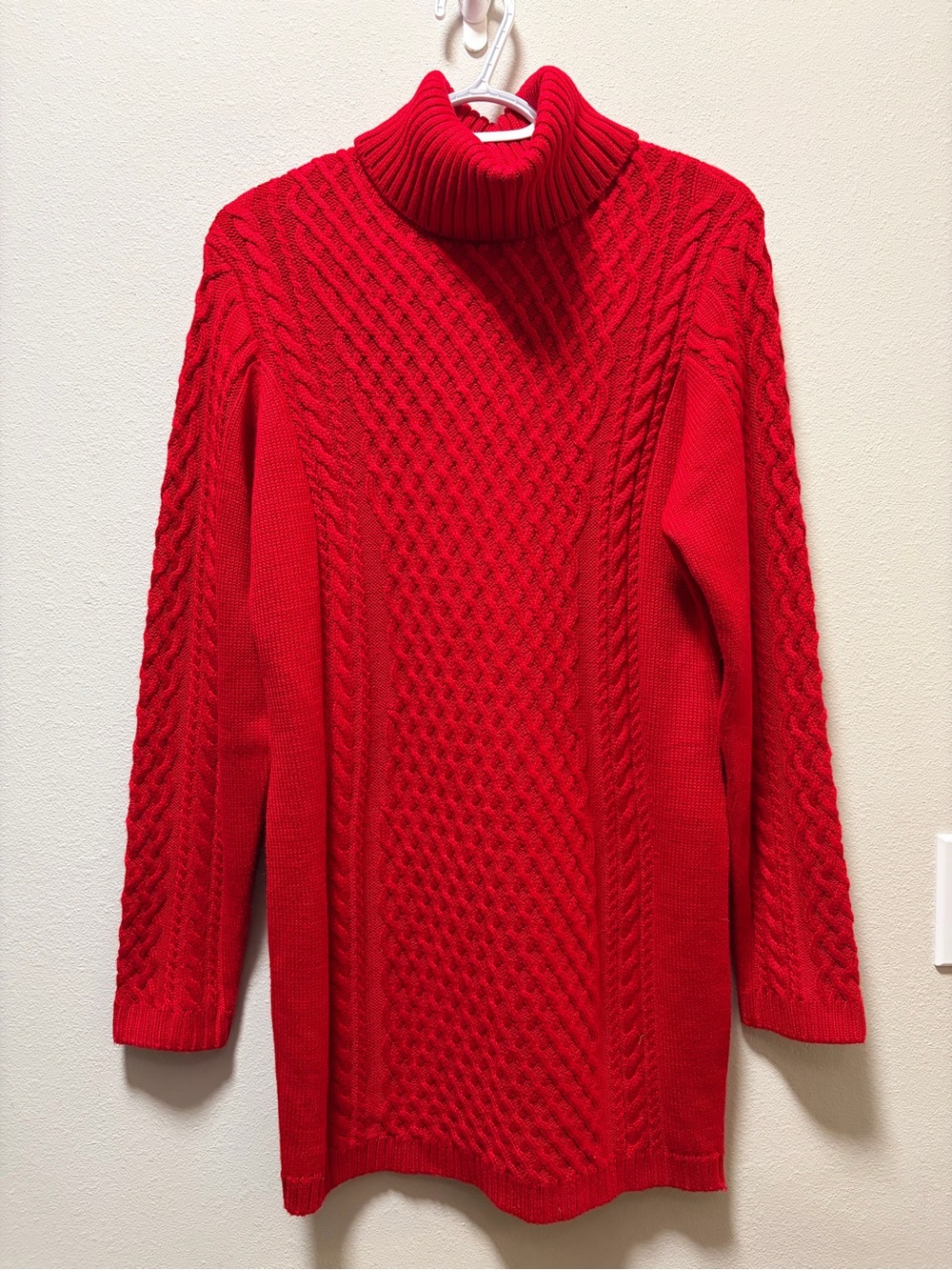 Red Cable Knit Turtleneck Sweater Dress - Women XL